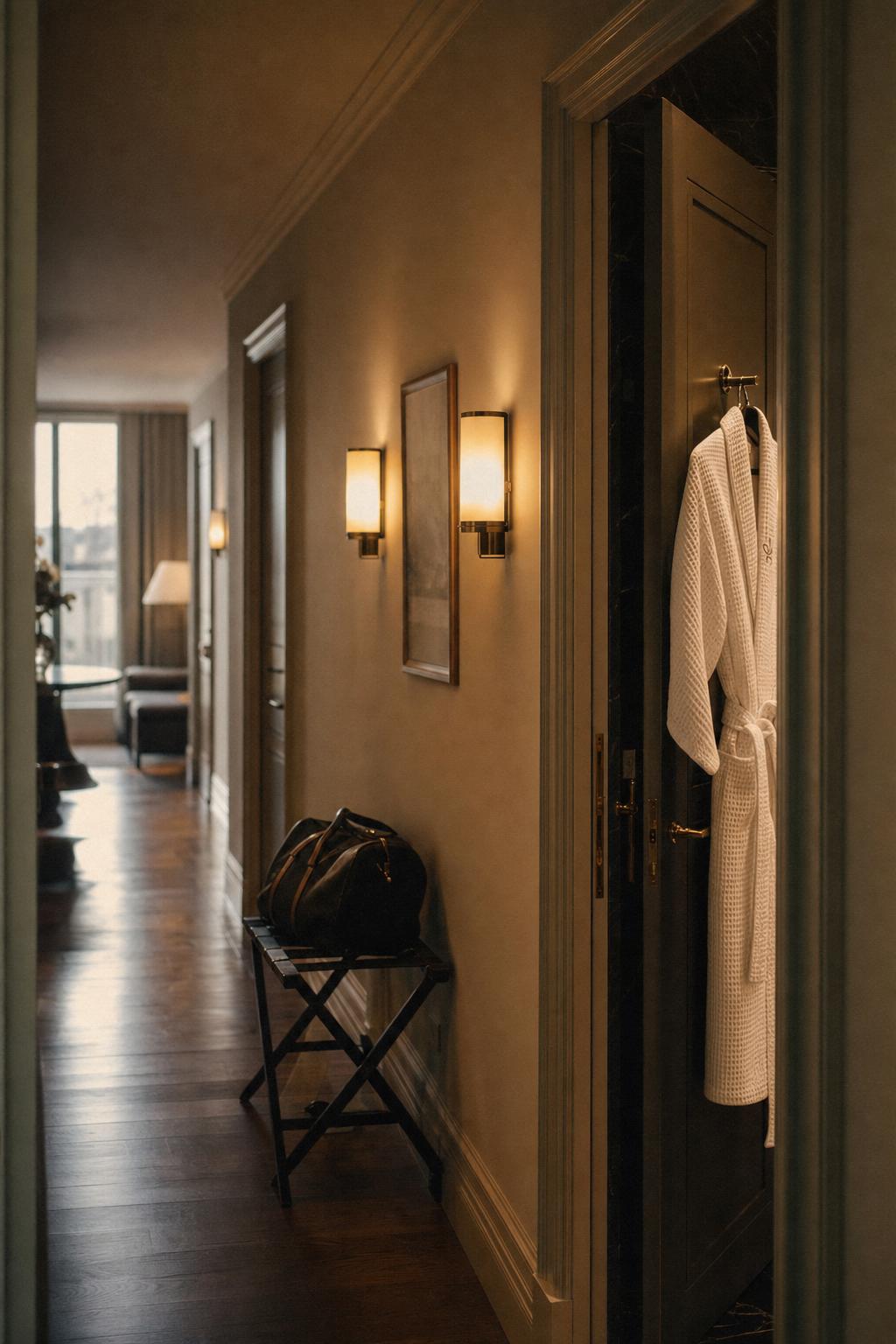 Hotel arrival — a corridor with amber light and a white robe
