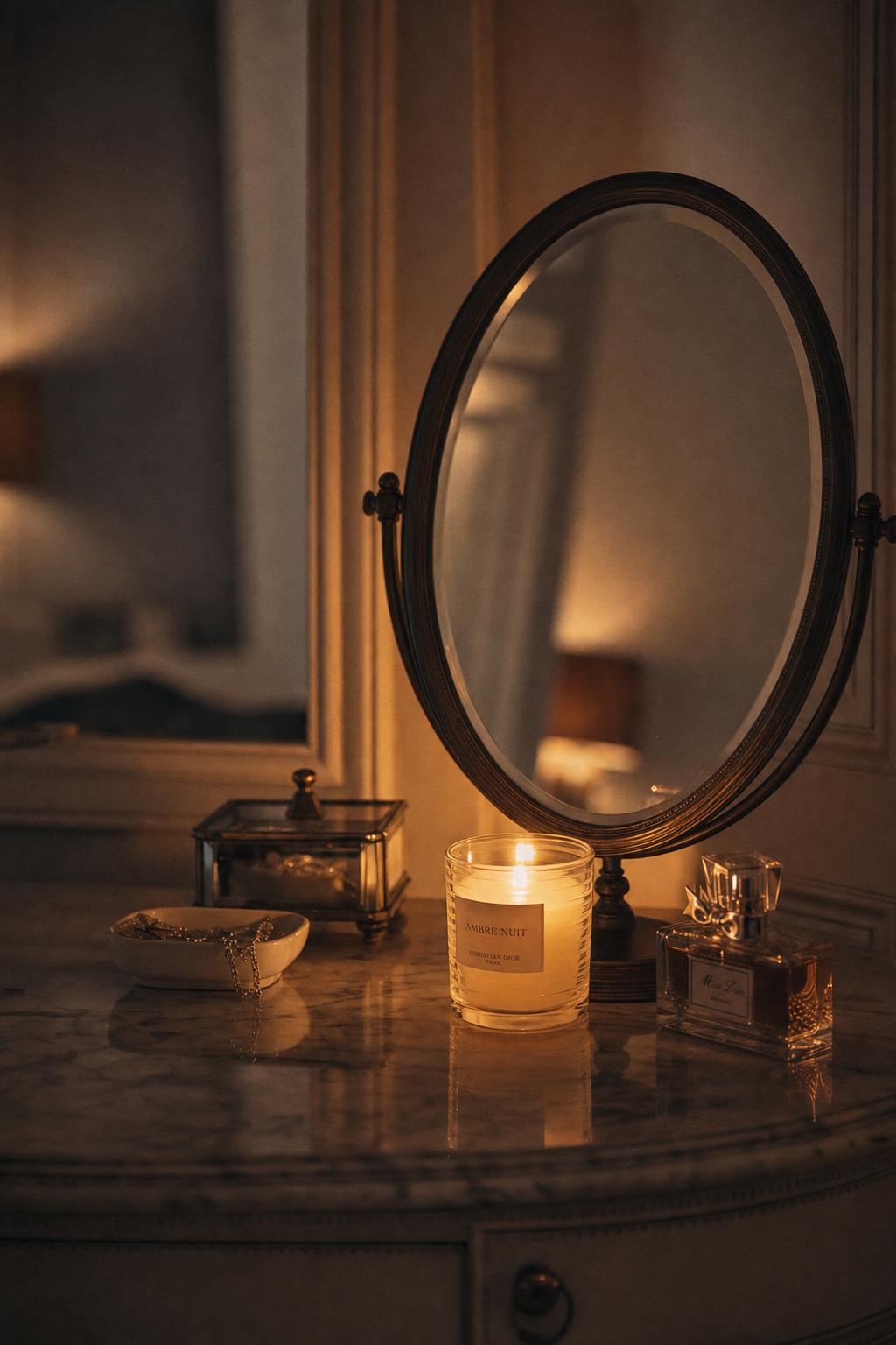 Evening at the vanity — candlelight, marble, perfume