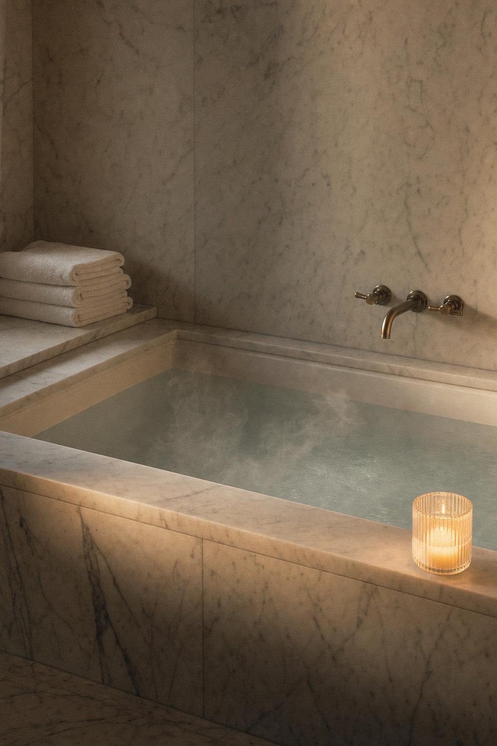The reset — marble bathroom, bathtub, candlelight