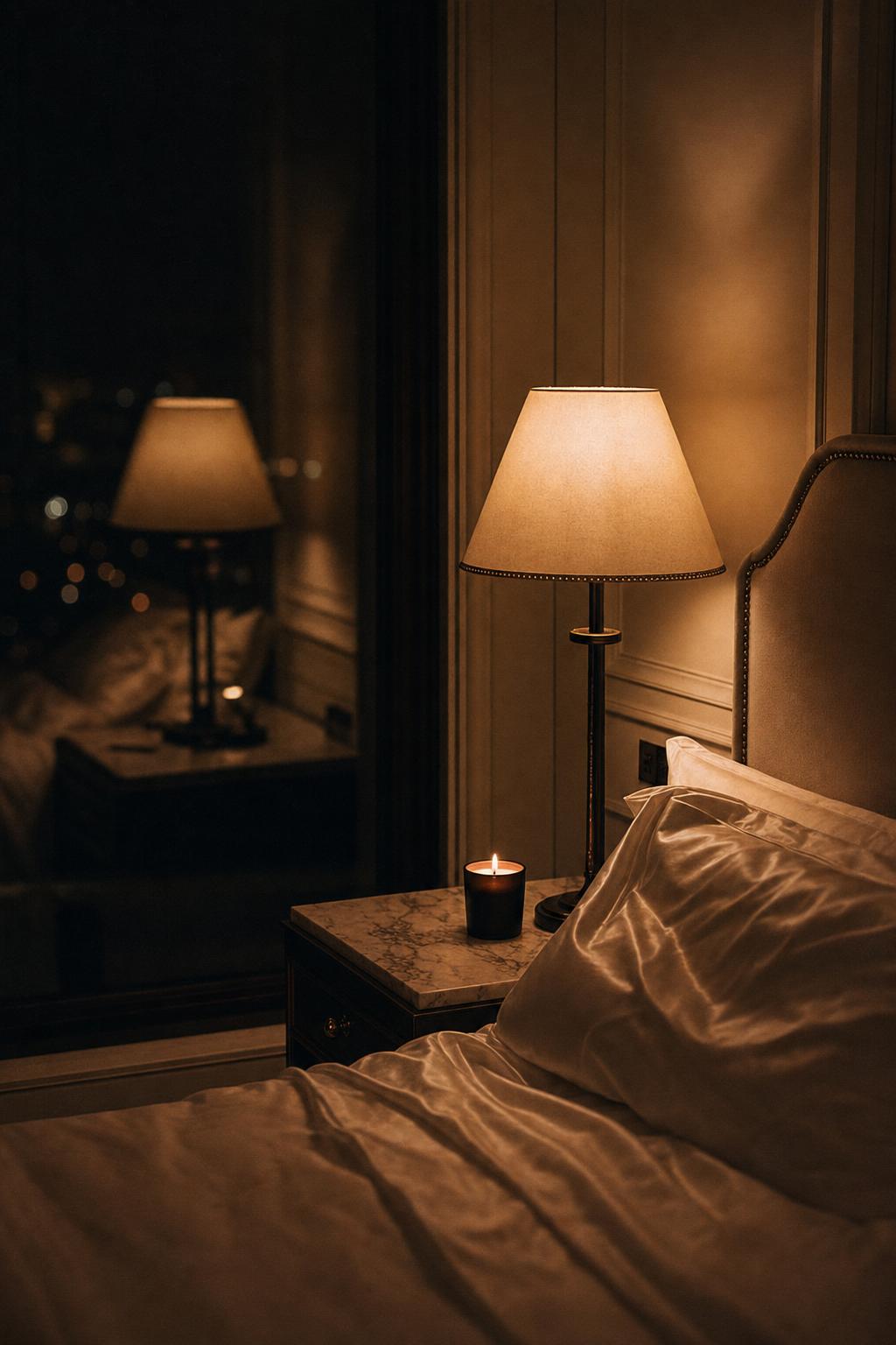 Santo Glam Ritual Archive — a hotel room at night, amber lamplight, white linen